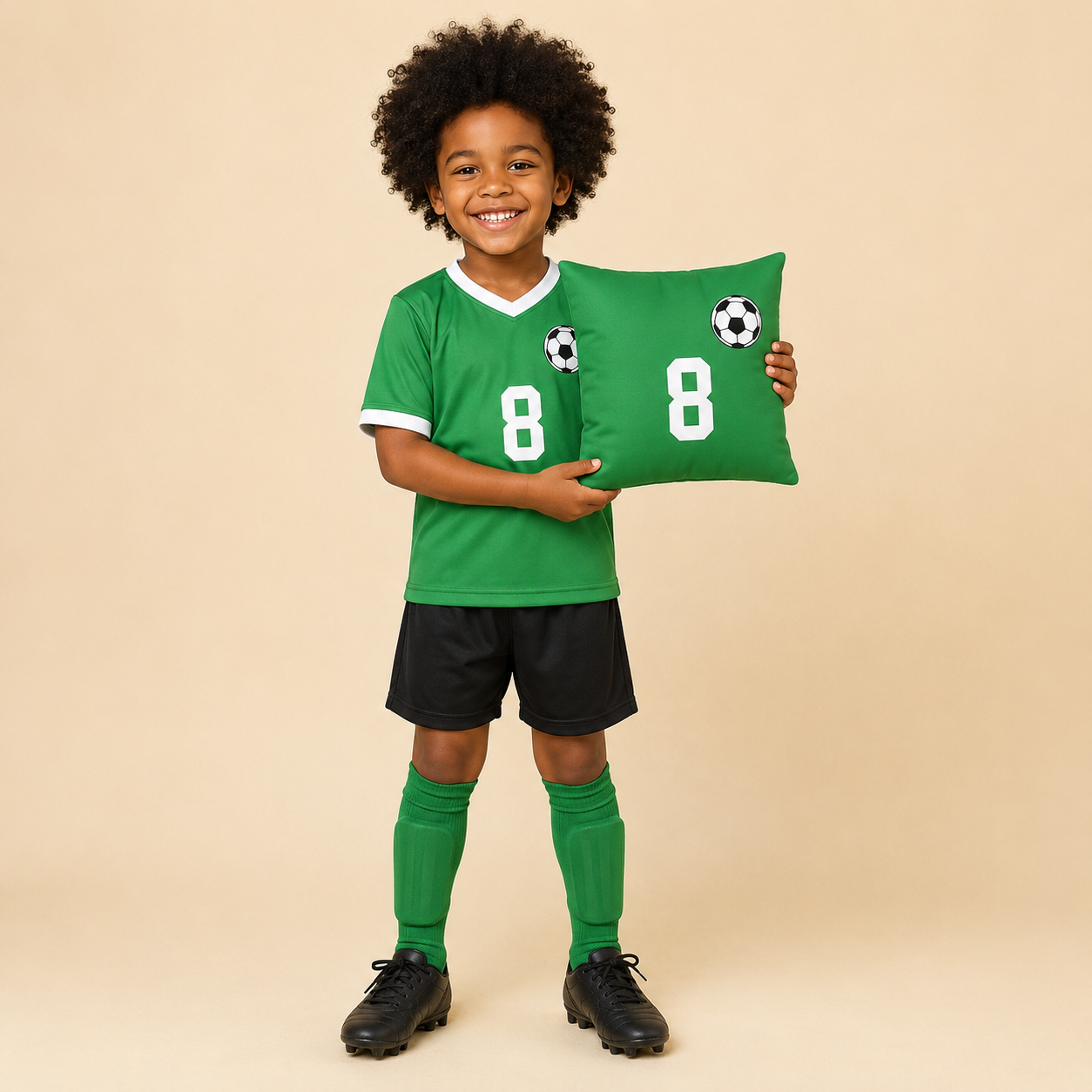 Smiling 5-year-old Black boy wearing a green soccer uniform and holding a matching memory pillow made from the jersey.
