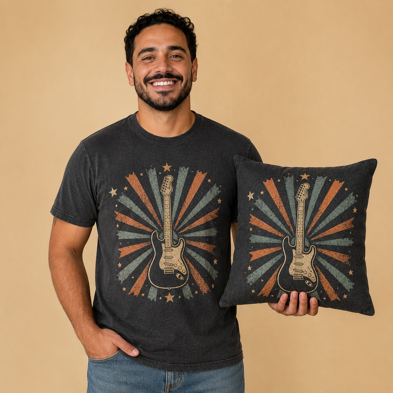 A smiling man wearing a concert T-shirt and holding a matching memory pillow handmade from the shirt.