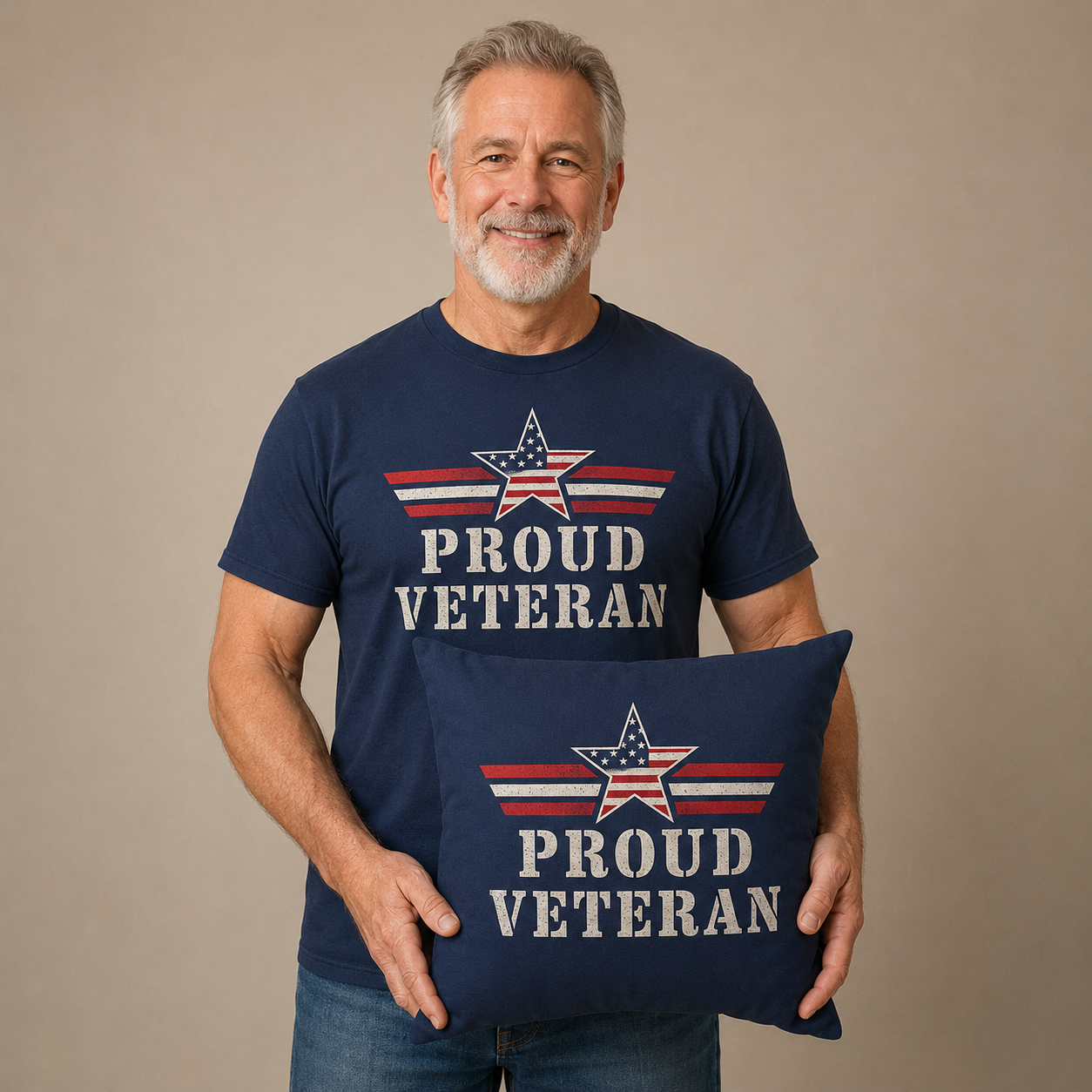 Smiling veteran wearing a navy Proud Veteran T-shirt and holding a matching memory pillow made from the shirt.