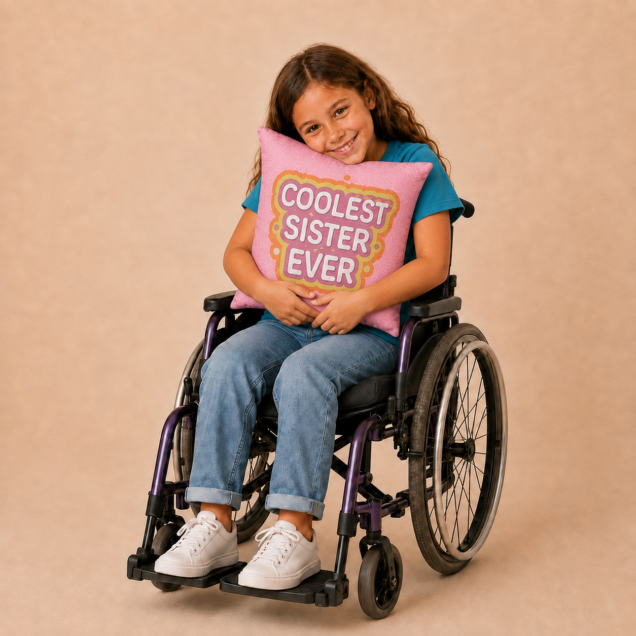 A young girl with long brown hair sits in a purple manual wheelchair, smiling and hugging a pink keepsake pillow that reads 'COOLEST SISTER EVER' in white letters with a gold outline. She is wearing a blue t-shirt, blue jeans, and white sneakers against a solid beige background.