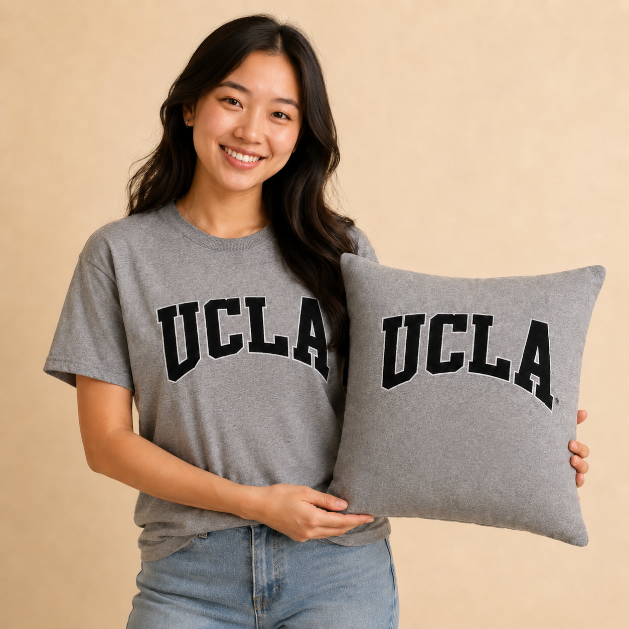 College-age Asian woman wearing a gray UCLA T-shirt and holding a matching memory pillow made from the shirt.