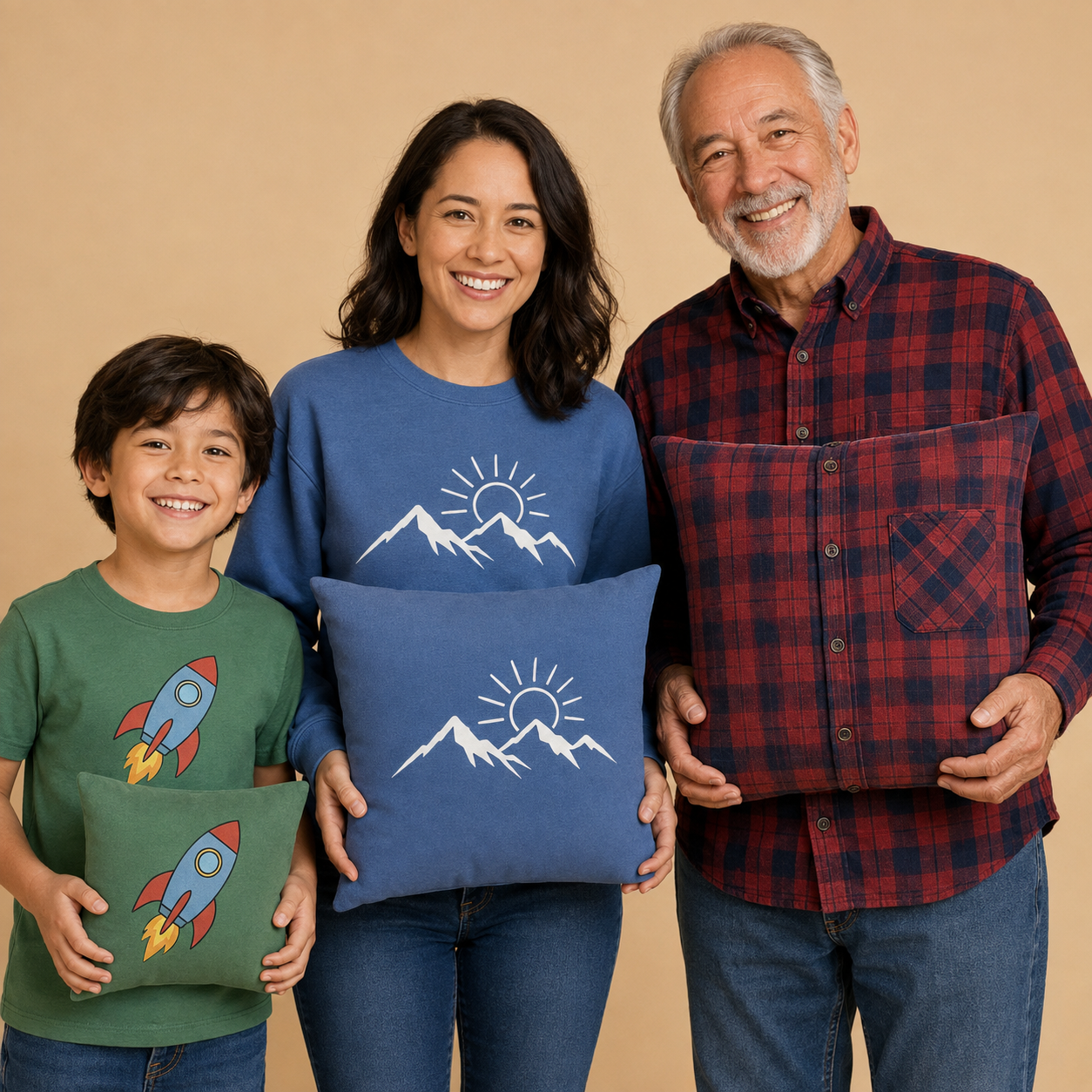 A boy, woman and older man hold memory pillows matching their green rocket T-shirt, blue mountain sweatshirt and red plaid button-up shirt.