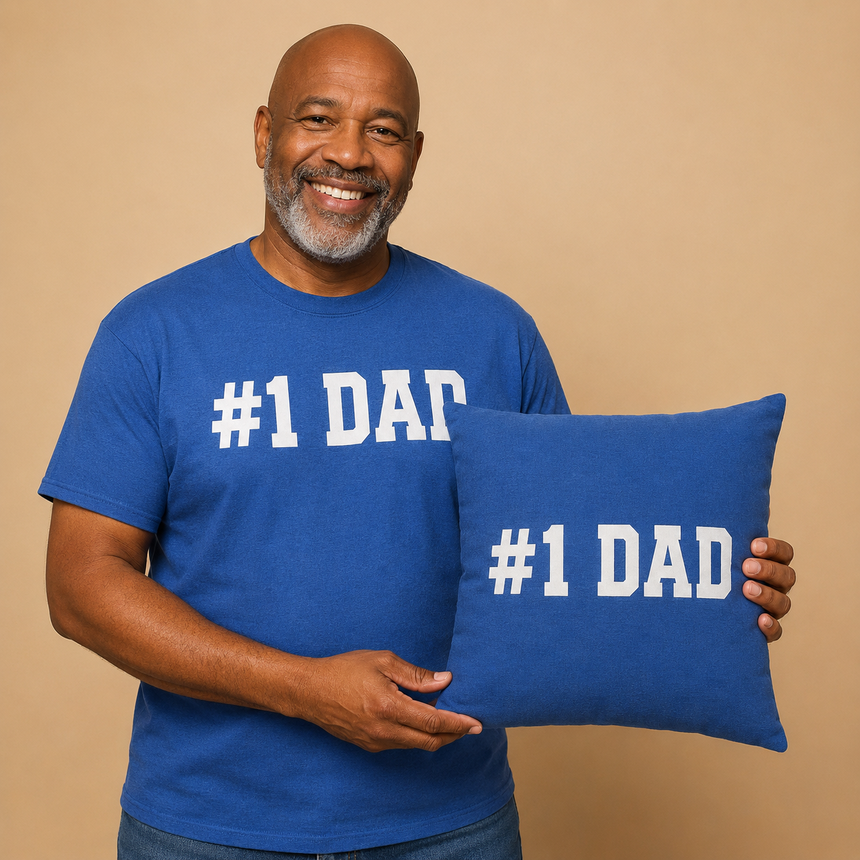 Smiling bald Black man with a graying beard wearing a blue #1 Dad T-shirt and holding the matching memory pillow.