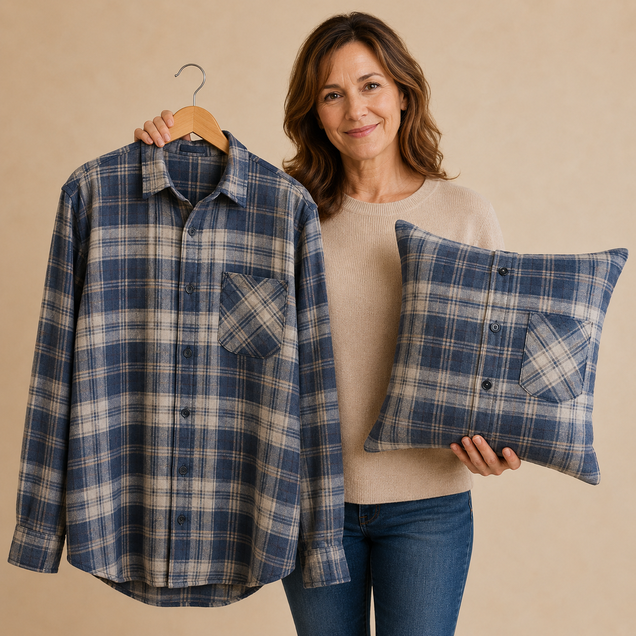 Woman holding a blue plaid shirt and a matching memorial pillow handmade from a loved one’s clothing.