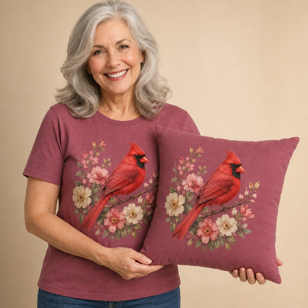 Smiling older woman wearing a berry-colored cardinal-and-flowers T-shirt and holding the matching memory pillow.
