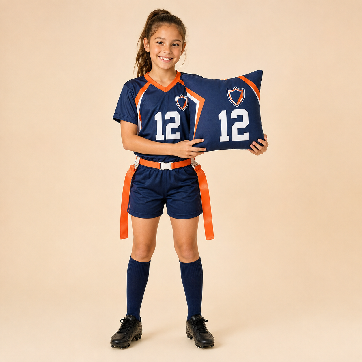 Smiling girl wearing a navy-and-orange flag football uniform and holding a matching memory pillow made from her number 12 jersey.
